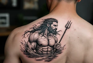 fit young poseidon, with trident, in calm water tattoo idea