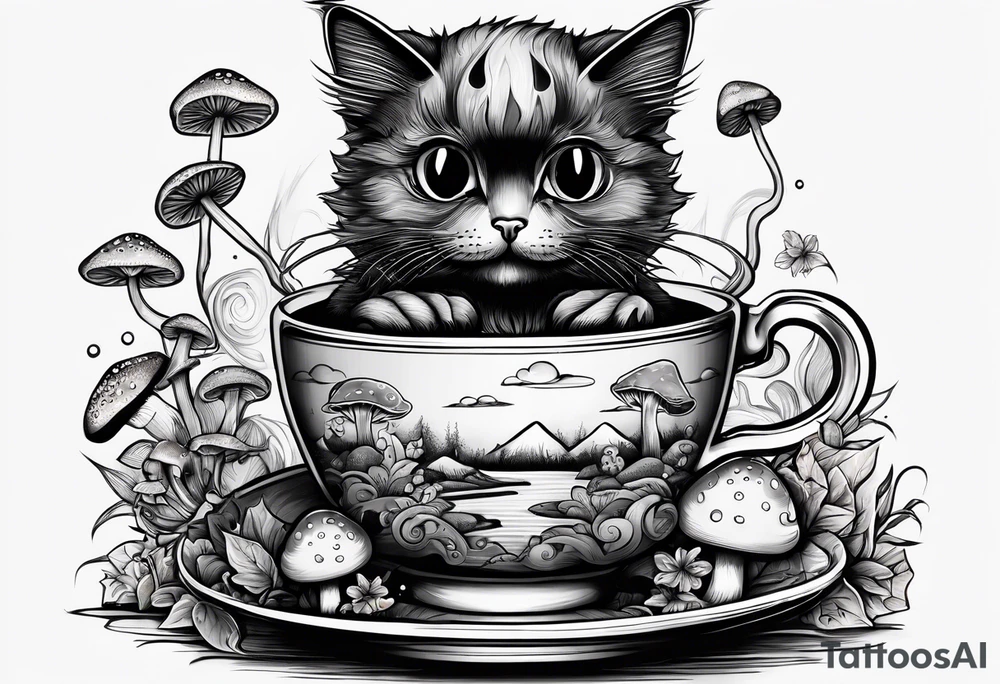 A mysterious cat taking a hot mushrooms cup of tea tattoo idea