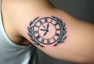 A Roman numeral clock surrounded by olive branches, included baby´s name "Boris" and birth date "24. 09. 2023 in muted green and gold tattoo idea