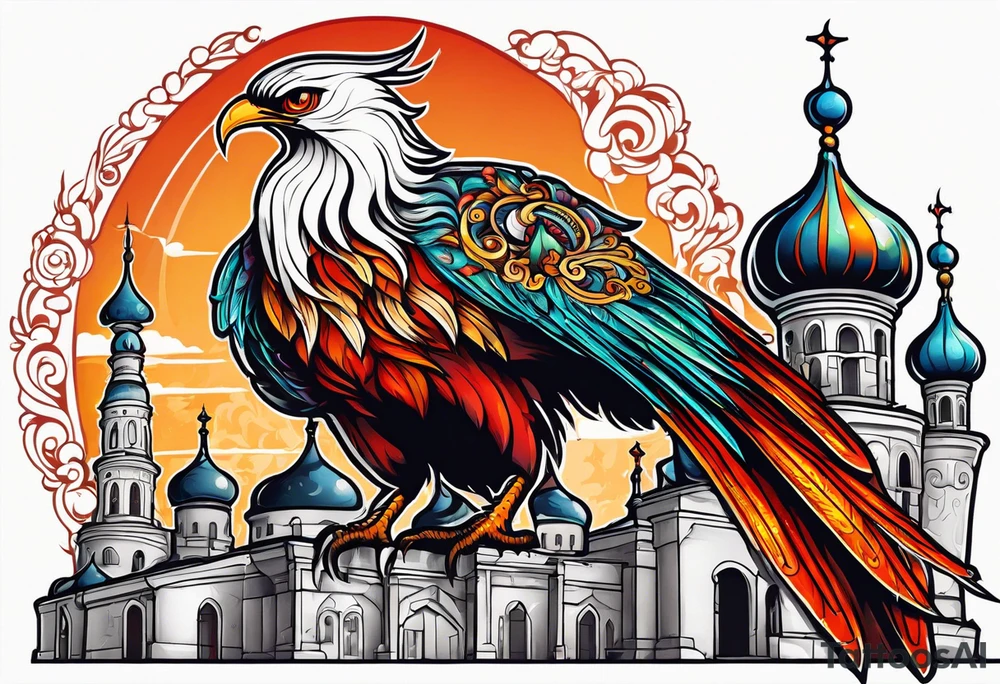 russian firebird with fancy tail and small onion cap monastery towers in background tattoo idea