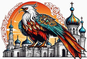 russian firebird with fancy tail and small onion cap monastery towers in background tattoo idea
