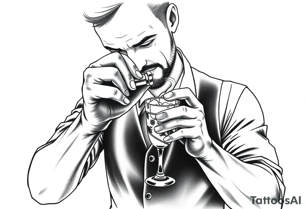 A bartender preparing a cocktail in a shaker, only it is a molotov cocktail. Ideally I would like the bartender to have Gaetano Bresci's face. It should be drawn in an old school style. tattoo idea