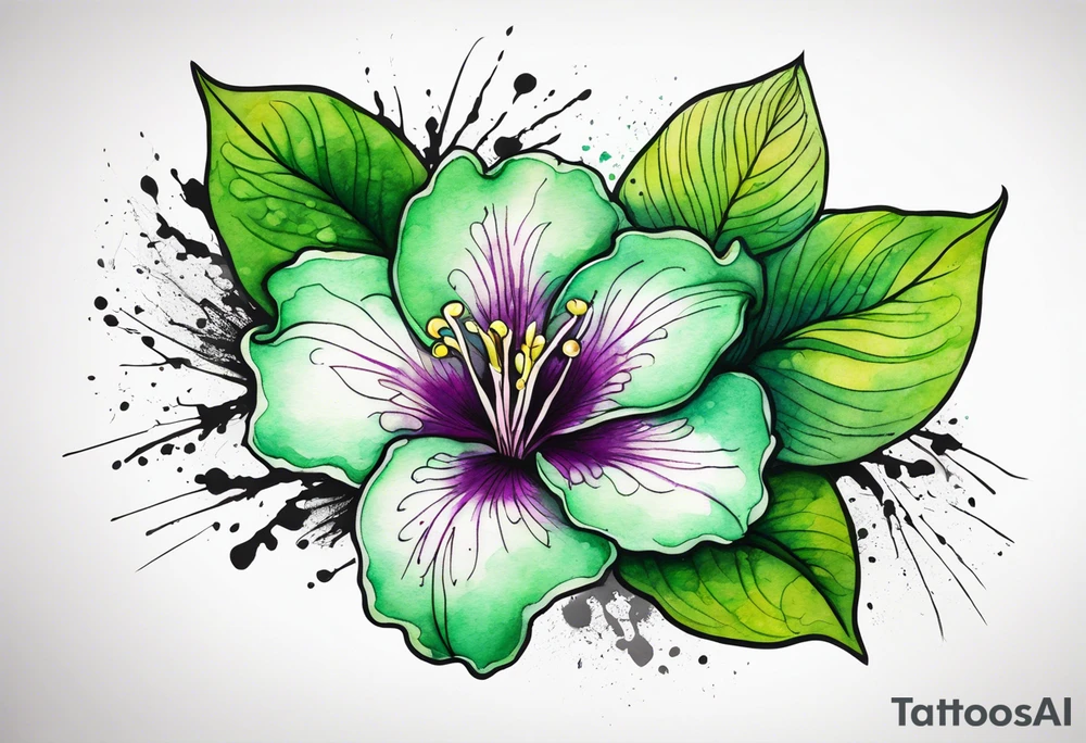 An outline of an only green rio dipladenia flower and a green and purple watercolor splash in the background tattoo idea