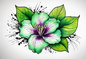 An outline of an only green rio dipladenia flower and a green and purple watercolor splash in the background tattoo idea