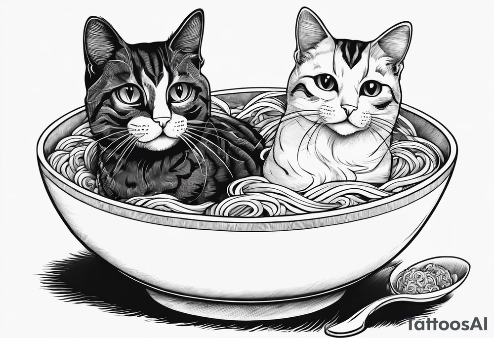 Two tabby cats sitting in a ramen noodle bowl tattoo idea