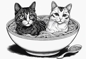 Two tabby cats sitting in a ramen noodle bowl tattoo idea