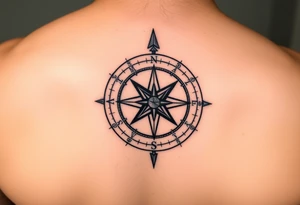 A compass with a Sagittarius arrow at its center, surrounded by delicate map details in black and gold tattoo idea