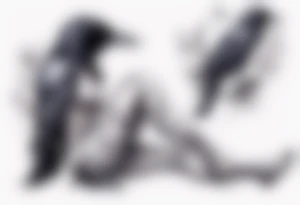 raven wearing a white ribbon around left leg tattoo idea