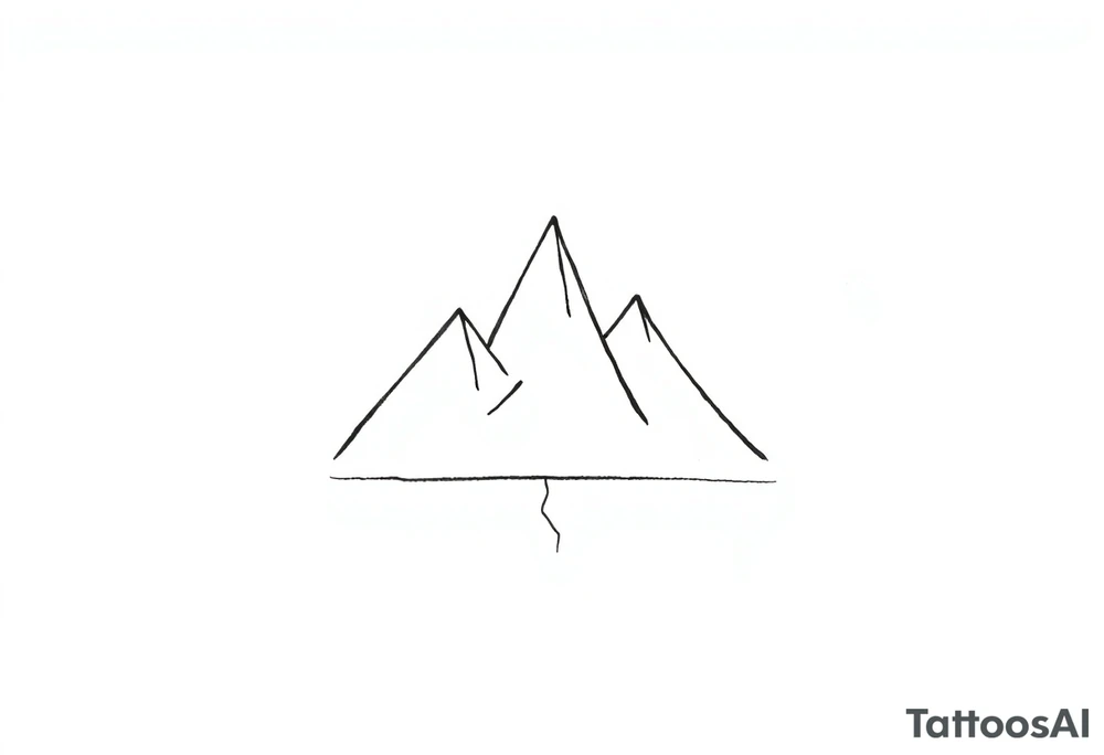 A minimalist geometric composition featuring three triangular peaks of varying sizes, forming a stylized mountain range. Each peak is outlined with clean, sharp lines, and the tallest peak is centered for balance. Below the mountains is a thin, straight horizontal line, representing a trail or path. tattoo idea