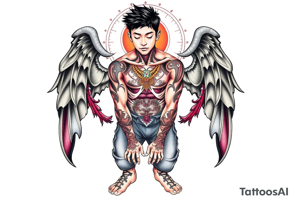 Handsome Asian young guy is standing on his knees and looking down tattoo idea