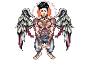 Handsome Asian young guy is standing on his knees and looking down tattoo idea