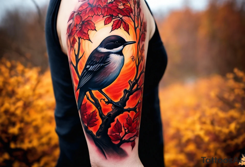 Arm tattoo. Long tattoo. Full sleeve. Shoulder. A maple tree with red autumn leaves that branches upwards. White-throated dipper bird on the trees branches. Calluna flowers at the base of the trees stem. Tree stem has dark colors. Red/yellow sunset behind the trees stem. Leaves falling. tattoo idea