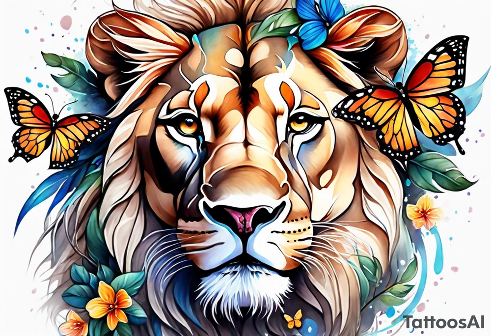 Lioness covered in feathers lilies and butterflies tattoo idea