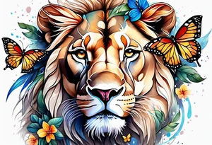 Lioness covered in feathers lilies and butterflies tattoo idea
