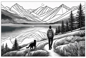 Man waking up trail with cat on side of him, Black Forest and mountains behind with lake tattoo idea