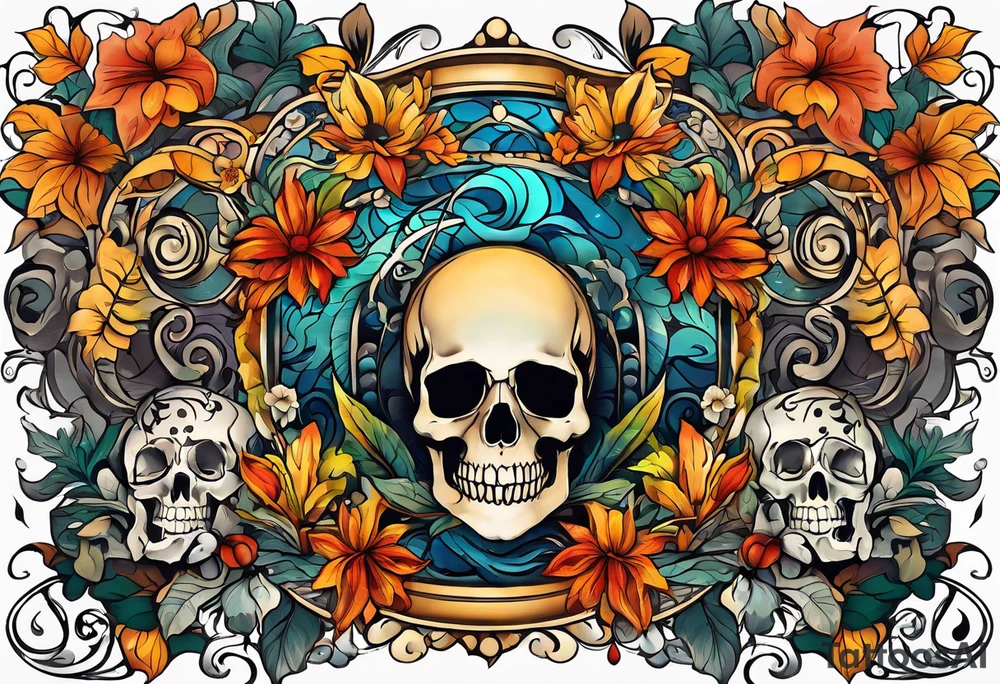 arm sleeve with fall colors, flowers, water flow shapes, leaves and various natural shapes, music notes, skulls tattoo idea