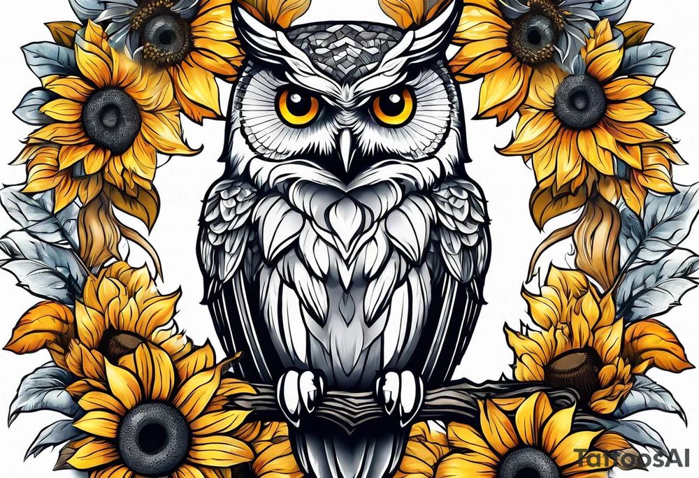 Owl and sunflower sleeve tattoo idea