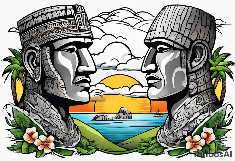 Upper arm piece of Easter island heads with an island landscape and hawk circling above tattoo idea