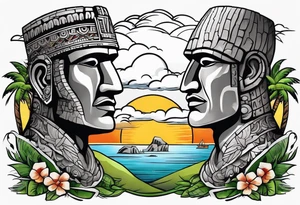 Upper arm piece of Easter island heads with an island landscape and hawk circling above tattoo idea