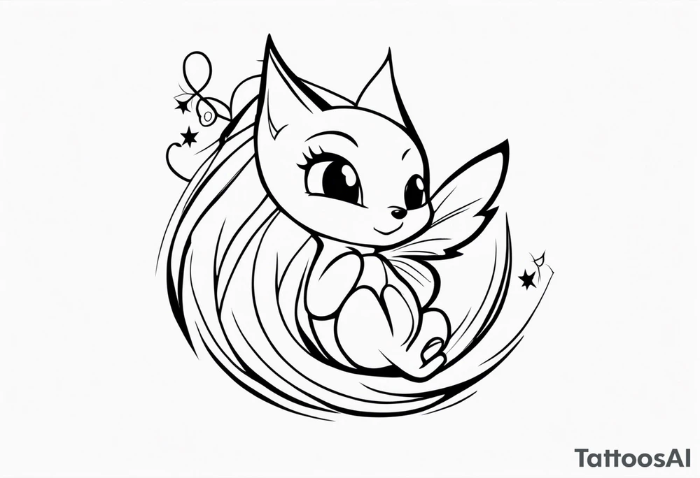 A fairy with a tail inspired by the logo of the show called Fairy Tail in a fetal position leaning in tattoo idea