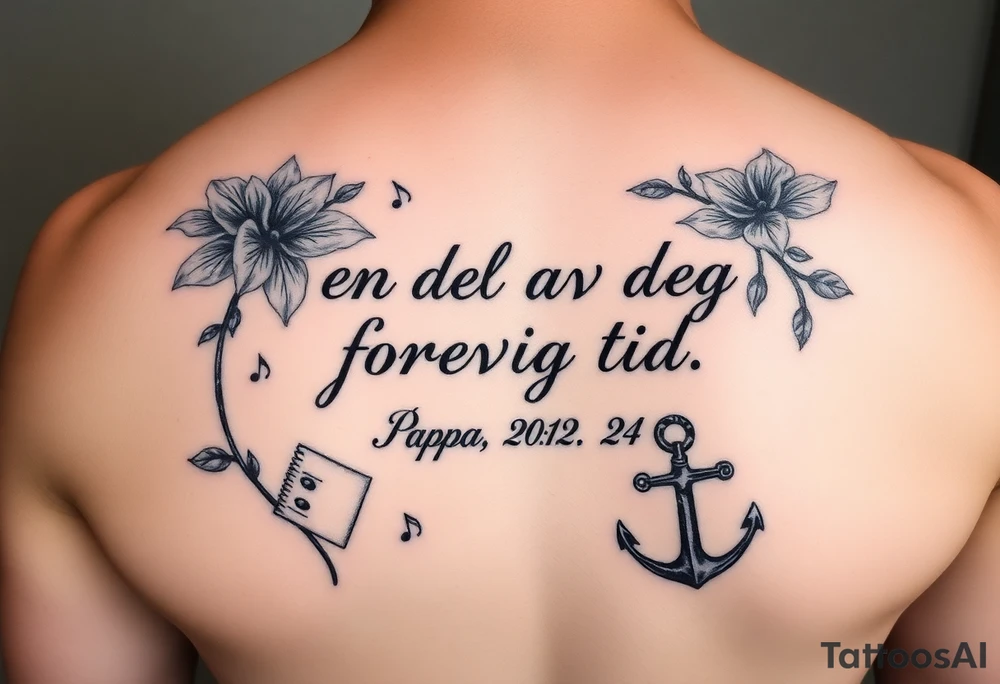 Quote: en del av deg forevig tid. Pappa 20.12.24
Surround the quote with gladiolius, notes, a heart and an anchor tattoo idea