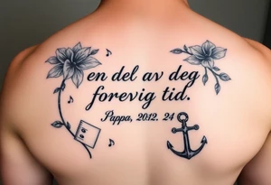 Quote: en del av deg forevig tid. Pappa 20.12.24
Surround the quote with gladiolius, notes, a heart and an anchor tattoo idea