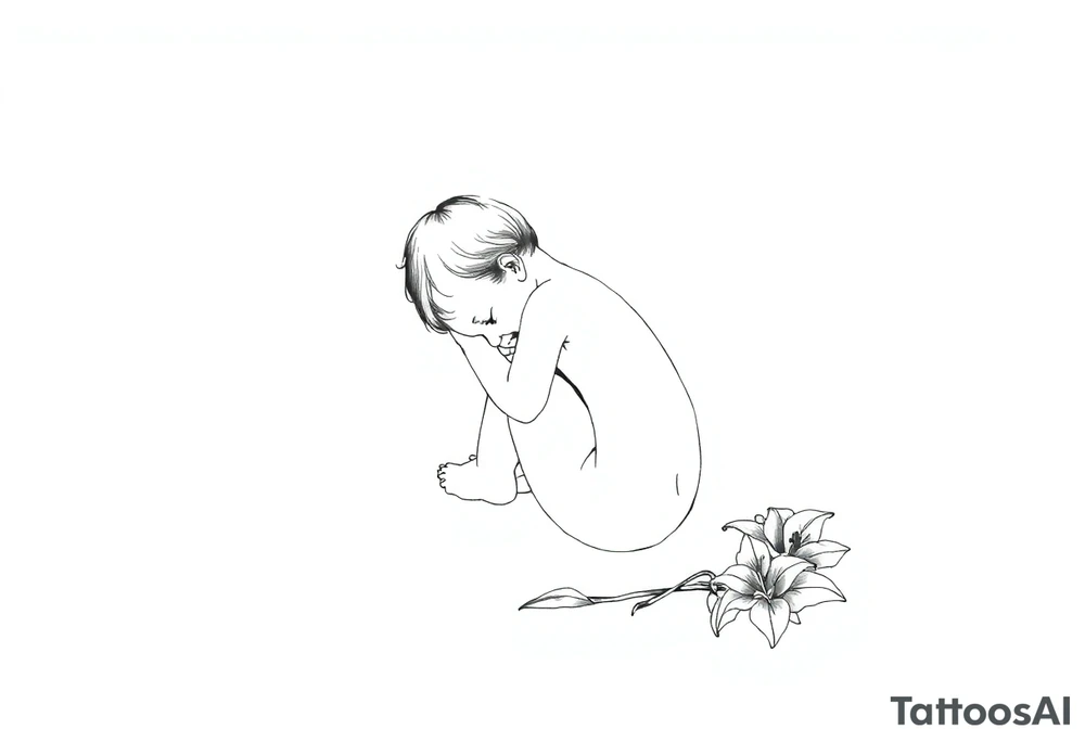 A simple tile floor with a minimalist outline of a curled up child sitting on the floor with a lily next to her tattoo idea