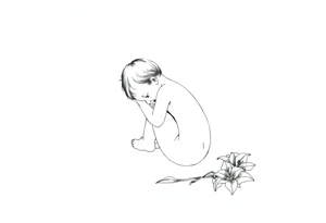 A simple tile floor with a minimalist outline of a curled up child sitting on the floor with a lily next to her tattoo idea