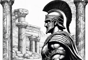 Side profile of spartan soilder with ancient pillars in background tattoo idea