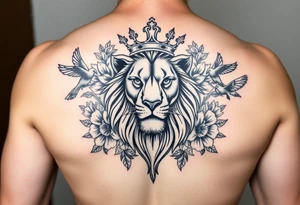 powerful majestic lion with a crown, surrounded by floral ornaments and birds tattoo idea