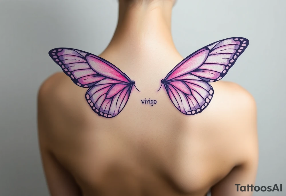 A dreamy portrait of a Virgo woman with delicate butterfly wings, in soft lavender, pink, and pearl white hue tattoo idea