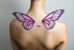 A dreamy portrait of a Virgo woman with delicate butterfly wings, in soft lavender, pink, and pearl white hue tattoo idea