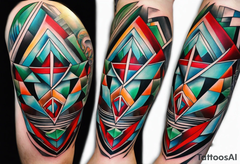 geometric style tattoo on knee with baby blue, red, and green accents. steel helical pier tattoo idea