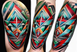 geometric style tattoo on knee with baby blue, red, and green accents. steel helical pier tattoo idea