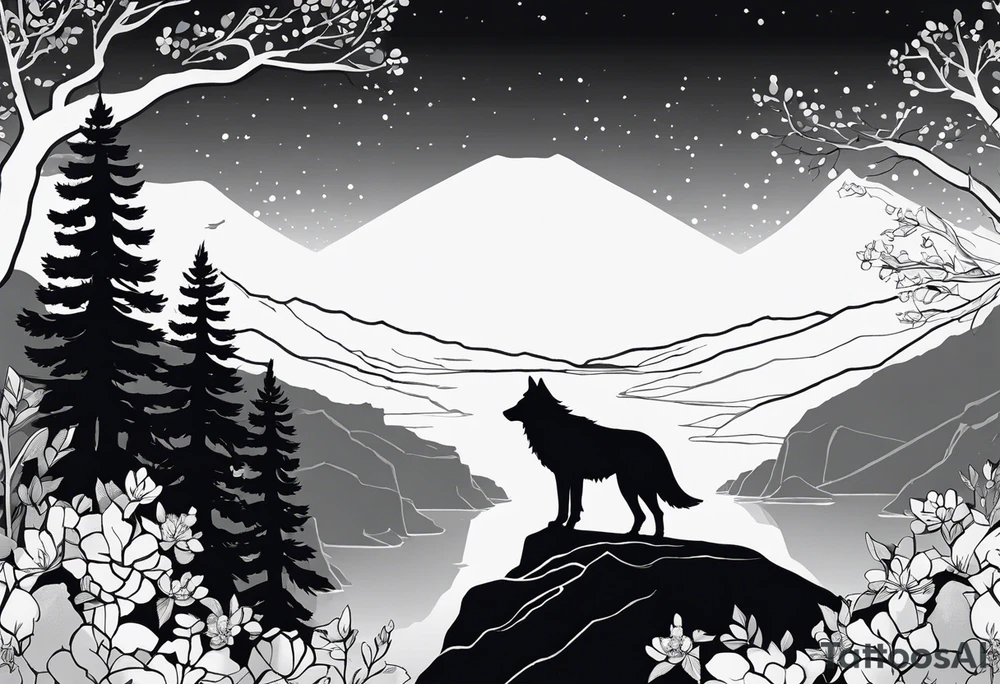 Black and white silhouette illustration of a majestic, bioluminescent wolf and eagle perched on a rocky mountain. The wolf and eagle are outlined in bold black lines, with a subtle glow suggested through radiating shapes around their forms. The surrounding landscape features silhouettes of glowing flowers, trees, and a winding river, all outlined simply. The overall atmosphere captures a sense of magical wonder, with the focus on the stark contrast of the glowing figures against the minimalist background. tattoo idea