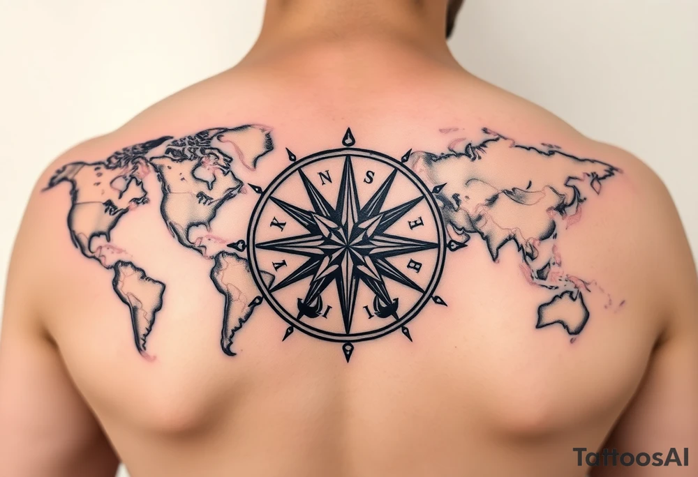 antique compass rose overlaid on weathered world map with sailing ships tattoo idea