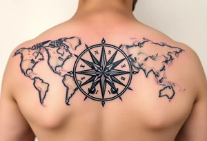 antique compass rose overlaid on weathered world map with sailing ships tattoo idea