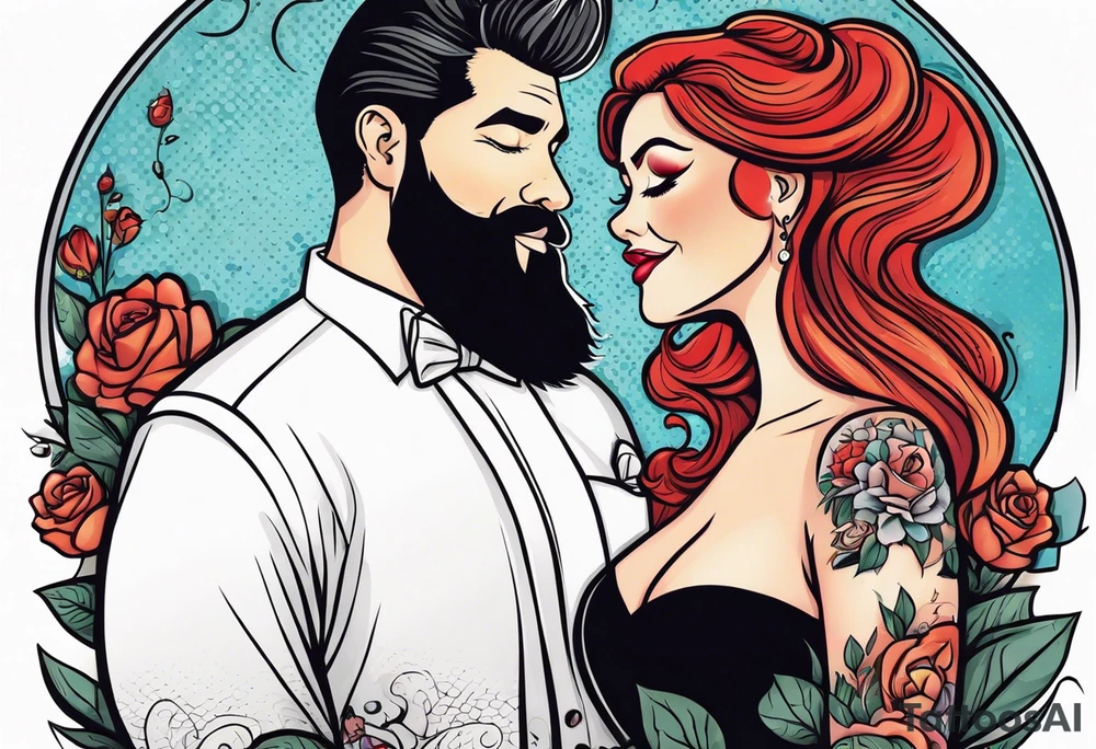Busty red haired woman with a bearded man who has black hair getting married tattoo idea