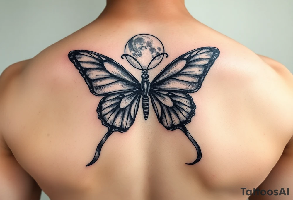 ethereal butterfly with flowing silk ribbons in moonlight tattoo idea