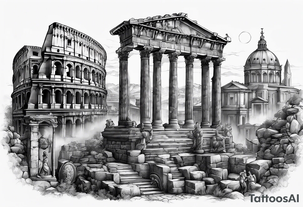 A full sleeve of Roman objects, buildings, and warriors tattoo idea