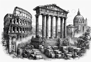 A full sleeve of Roman objects, buildings, and warriors tattoo idea
