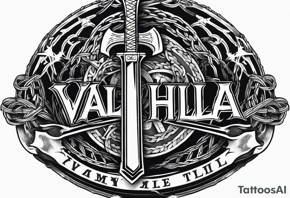 Valhalla sword shield axe barbed wire chains dark cloud lightning tattoo idea