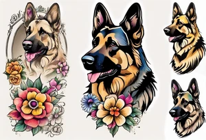 Sable coat German shepherd portrait brightly colored with flowers tattoo idea