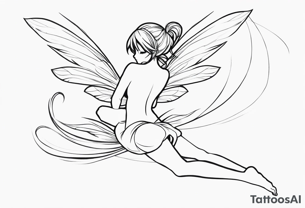 No color sideways sketch of a fairy with a tail inspired by the guild symbol in the anime show called Fairy Tail in a fetal position leaning forward while crawled in with hands a bit forward and her body is an angle while floating in the air with big wings tattoo idea