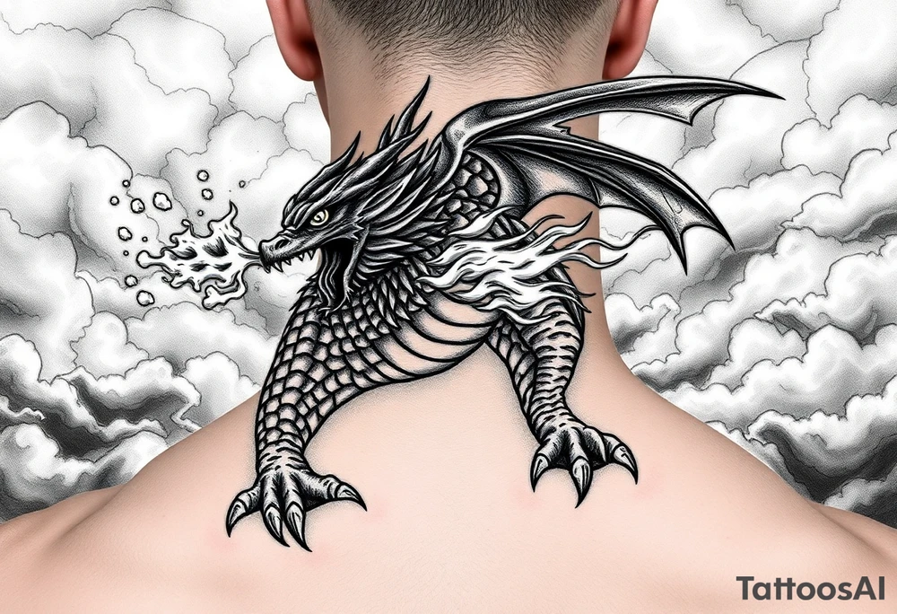 fierce dragon breathing iridescent fire against stormy skies tattoo idea