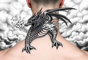 fierce dragon breathing iridescent fire against stormy skies tattoo idea