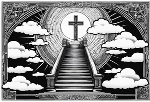 A heavenly stairway to heaven with clouds with a cross with a cross necklace with biblical verses tattoo idea