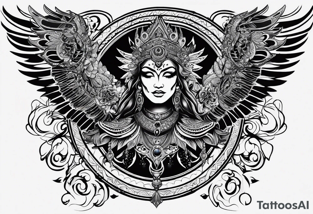 black kali, goddess pirate, alien, angel, pachamama, valkrye, warrior, flying, skull, lotus azul, wing, eagle, zenza resonance, stars, 5D, anahata chakra, death, durga, riding on a tiger, flying lady tattoo idea