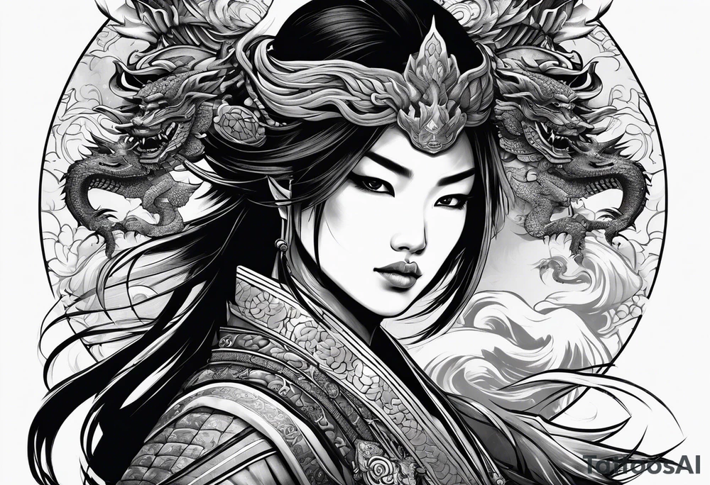 female warrior in samurai clothing half covering her face with a mask and twin dragons tattoo idea