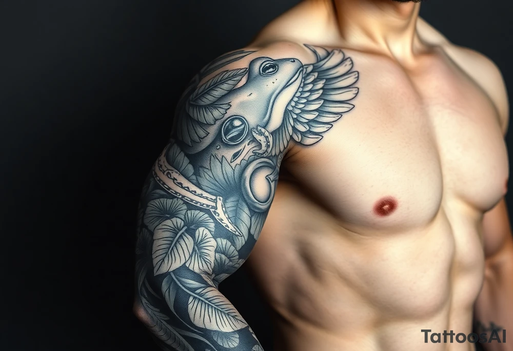 Full Sleeve tattoo including details of jungle leaves, Taino frog , Puerto Rican tribal patterns, angel wing tattoo idea